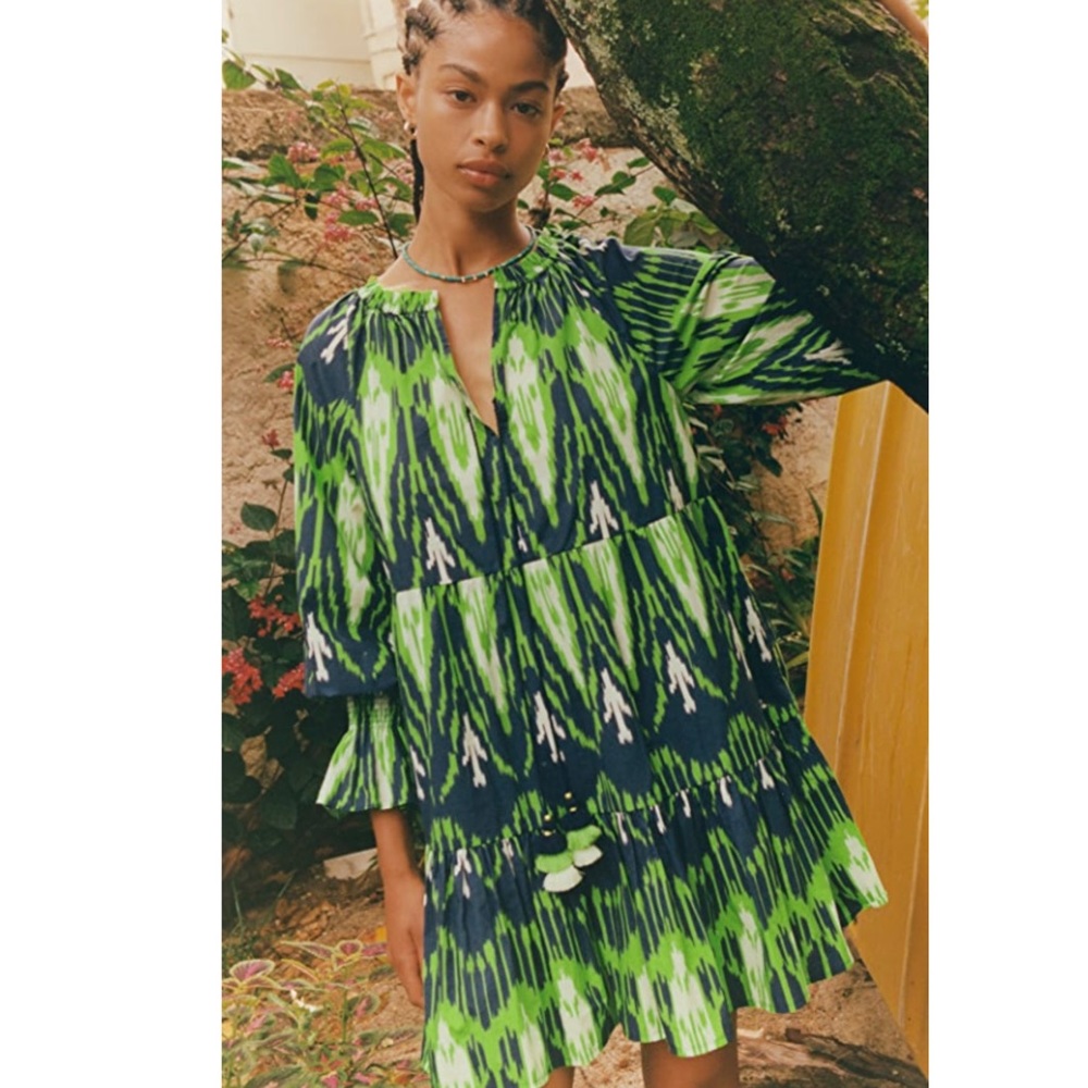 FIGUE Bella Short Dress in Dylan Ikat Denim Size L Retail $395 NET